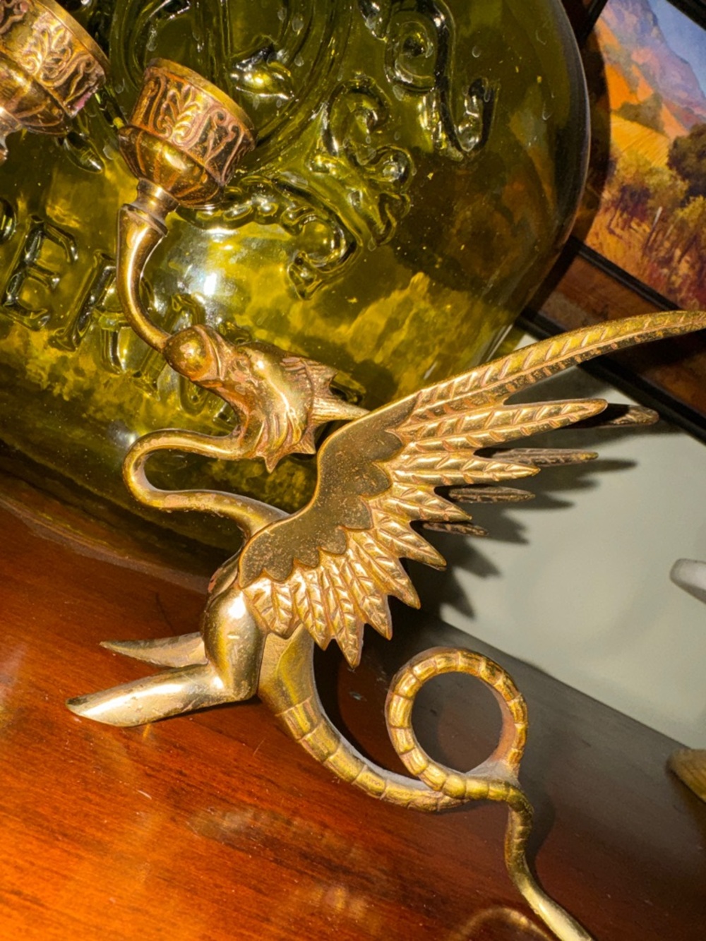 Vintage Antique Pair Brass Griffin Gold Candleholders Dragons Heavy